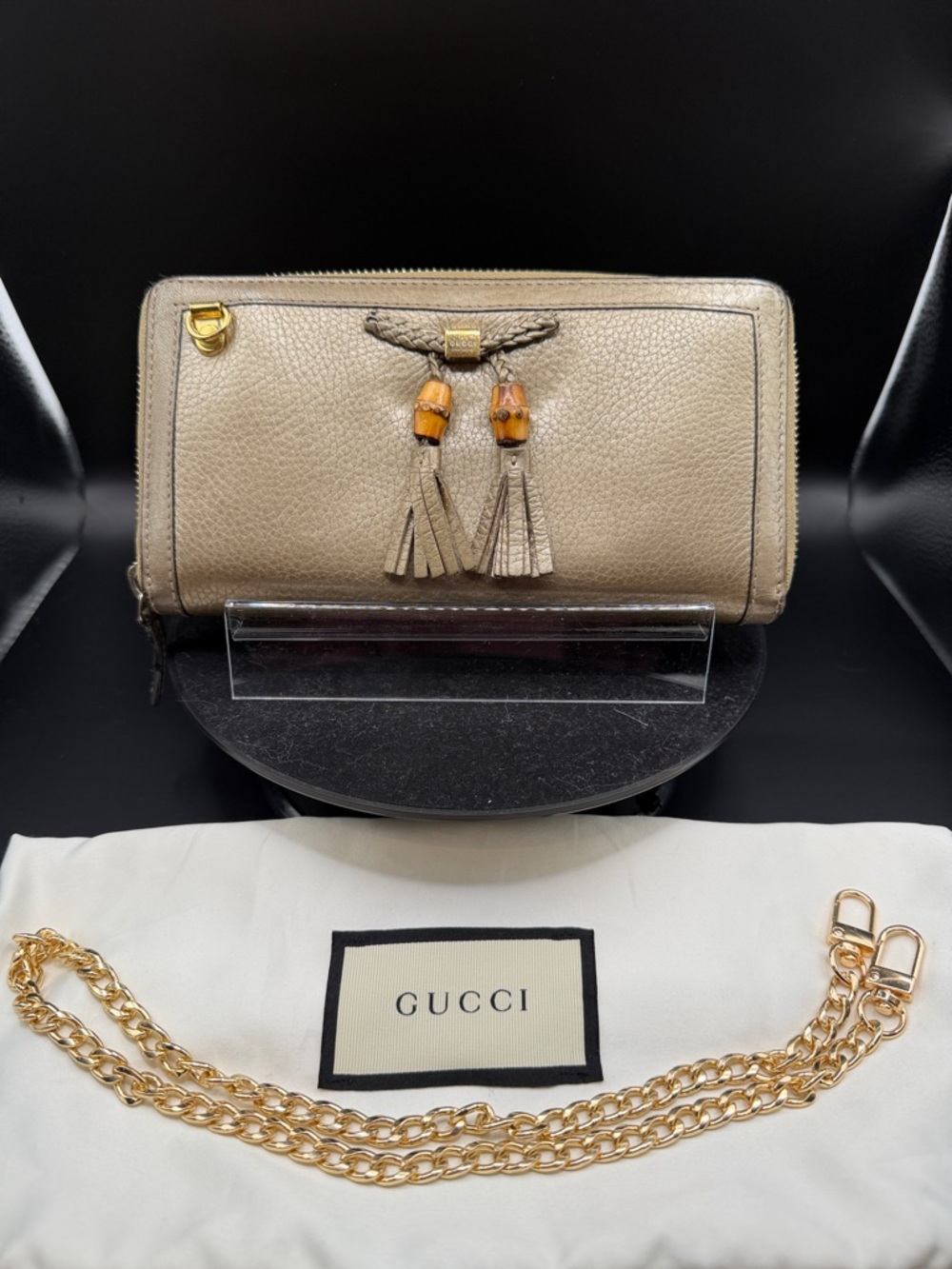 GUCCI Gold Bamboo Leather Continental Wallet Converted with Gold Chain